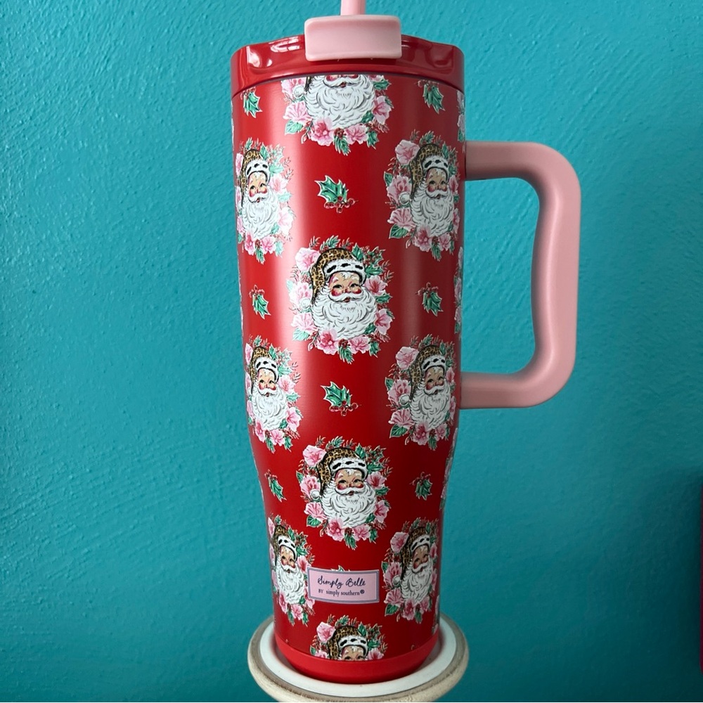 Simply Belle by Simply Southern Red Santa Travel Mug with Pink Handle